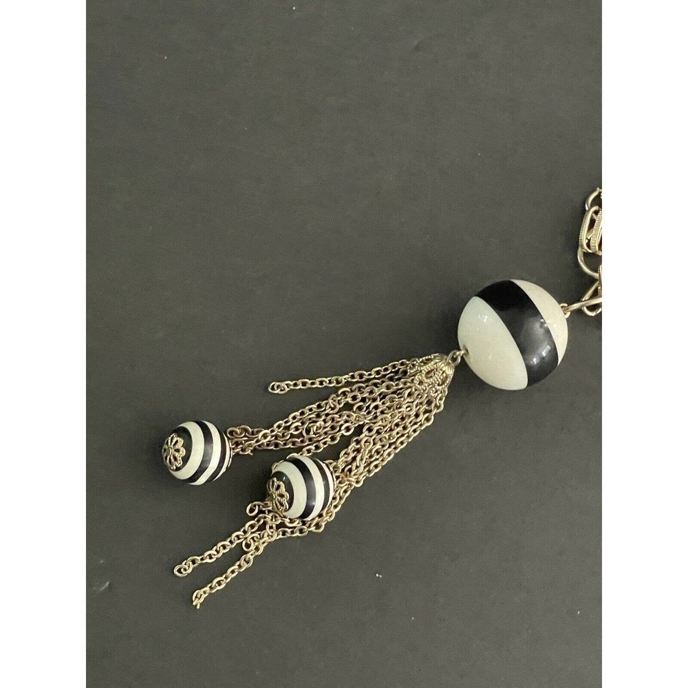 MCM VINTAGE ART DECO BLACK WHITE STRIPED BEAD RETRO TASSEL NECKLACE 36” - Picture 8 of 9